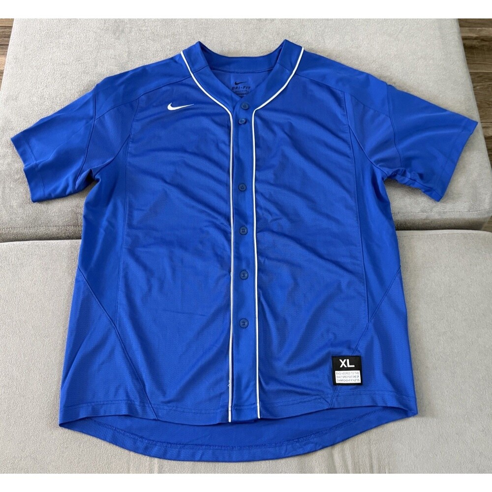 Nike Shirt Men XL Blue Button Up Short Sleeve Dri Fit Training Baseball